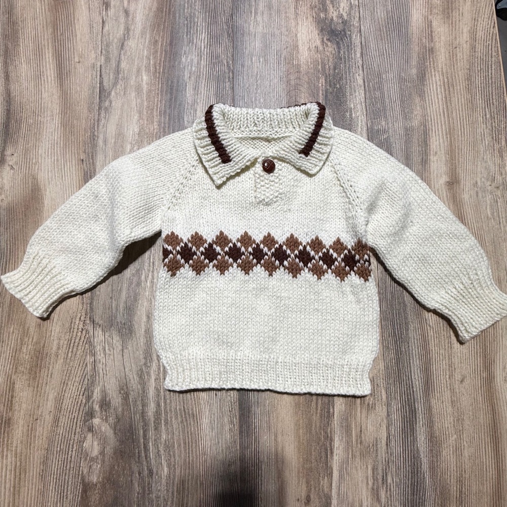 Vintage Handmade Sweater Argyle Knit Cream Brown Eclectic Grandpa 2T